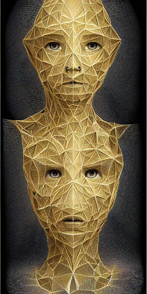 Image similar to hyper detailed ultra sharp of a beautiful fractal face. trending on artstation, golden, delicate, facing camera, hyper realism, 1 4 5 0, engraving, ultra realistic, 8 k