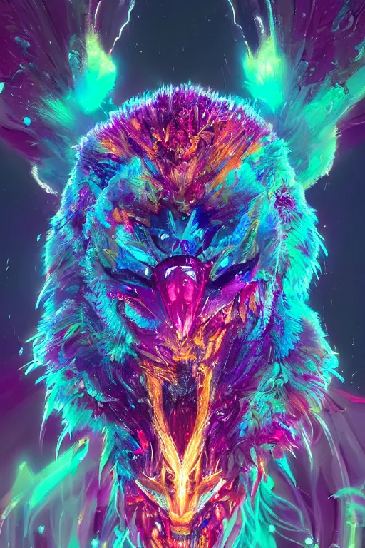 Image similar to A fancy portrait of a colourful crystalized beast by Greg Rutkowski, beeple, Sung Choi, Mitchell Mohrhauser, Maciej Kuciara, Johnson Ting, Maxim Verehin, Peter Konig, final fantasy, macro lens, 35mm, 8k photorealistic, cinematic lighting, HD, high details, dramatic, dark atmosphere, trending on artstation