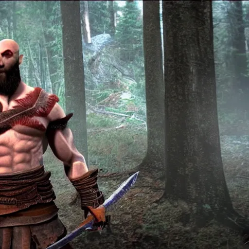 Image similar to kratos the god of war caught in a wood cam picture