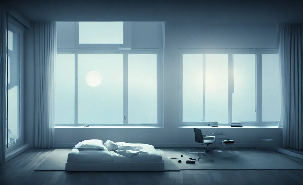 Image similar to bedroom, white bed, desk, computer, warm light, floor to ceiling window, the night scene outside the window. future science fiction. game cg, hyperdetailed, trending on cgsociety