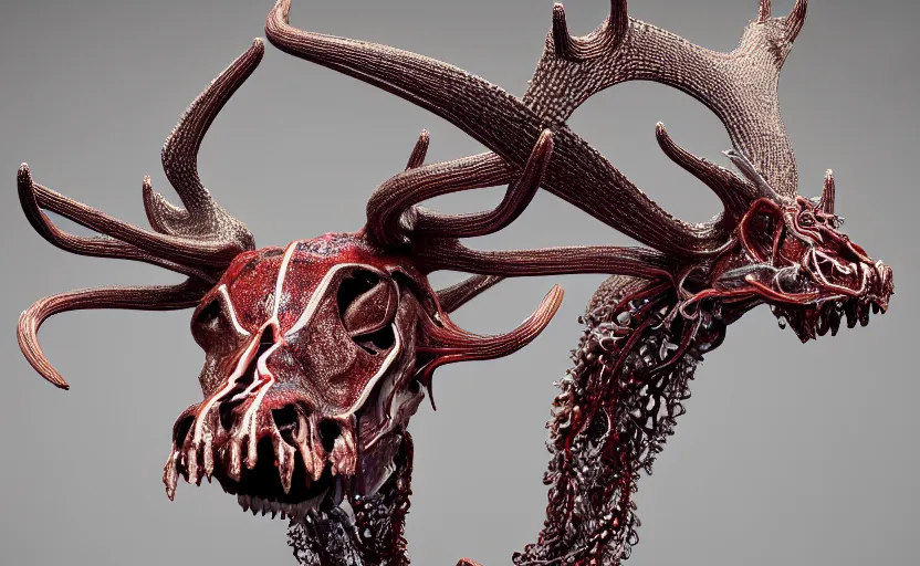 Image similar to stylized shiny polished silver statue full body bizarre cosmic horror quadruped animal moose deer skull four legs made of slug creature tendrils, perfect symmetrical body, perfect symmetrical face, hyper realistic, hyper detailed, by johannen voss, by michelangelo, octane render, blender, 8 k, displayed in pure white studio room anatomical deep red arteries veins flesh