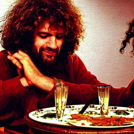 Prompt: Pat Metheny having dinner with Jesus Christ at a Mexican restaurant, highly detailed, high resolution, HD, cinematic