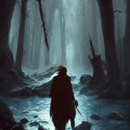 Image similar to abhorsen walking through river of death, oil painting, Tooth Wu, Greg Rutkowski, RPG portrait, dynamic lighting, fantasy art, High contrast, depth of field