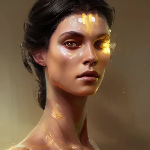 Prompt: a beautiful portrait of a goddess with reflective skin by greg rutkowski and raymond swanland, trending on artstation