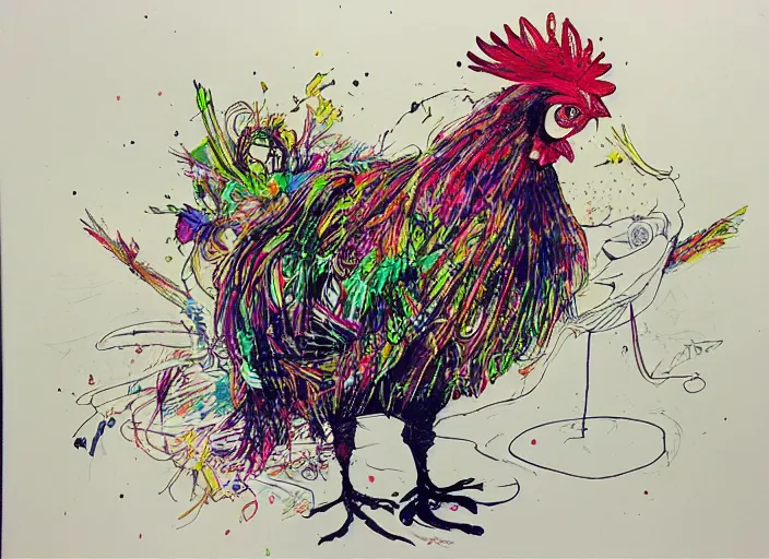 Image similar to psychedelic chicken illustrations by ralph steadman and bill sienkiewicz and carne griffiths