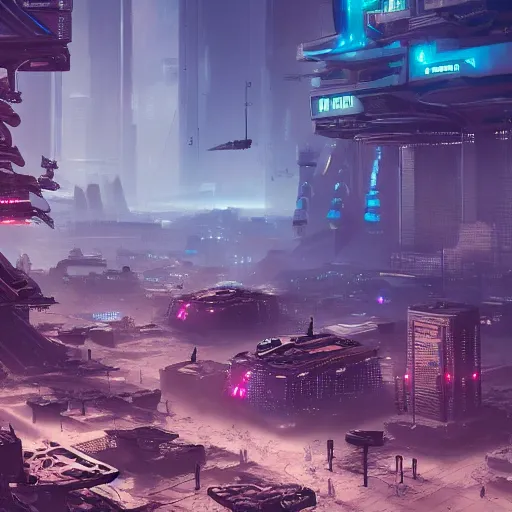Image similar to Cyberpunk apocalyptic desert city with robots in a futuristic planet, hypermaximalistic, high details, cinematic, 8k resolution, beautiful detailed, insanely intricate details, artstation trending, octane render, unreal engine,