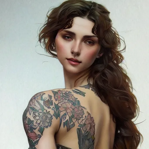 Image similar to ultra realistic illustration, a hot brunette tattooed slavic woman in her late 2 0's, intricate, elegant, highly detailed, digital painting, artstation, concept art, smooth, sharp focus, illustration, art by artgerm and greg rutkowski and alphonse mucha