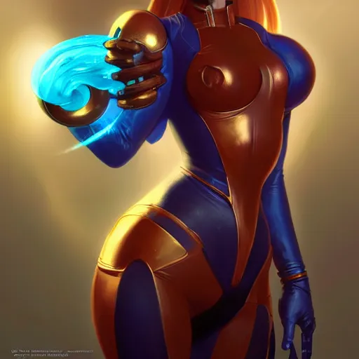 Image similar to portrait of Zero suit Samus as League of Legends character, digital illustration portrait, dark fantasy, medium shot, intricate, elegant, highly detailed, digital painting, volumetric light, artstation, concept art, smooth, sharp focus, illustration, art by Gil Elvgren and Greg Rutkowski and Alphonse Mucha