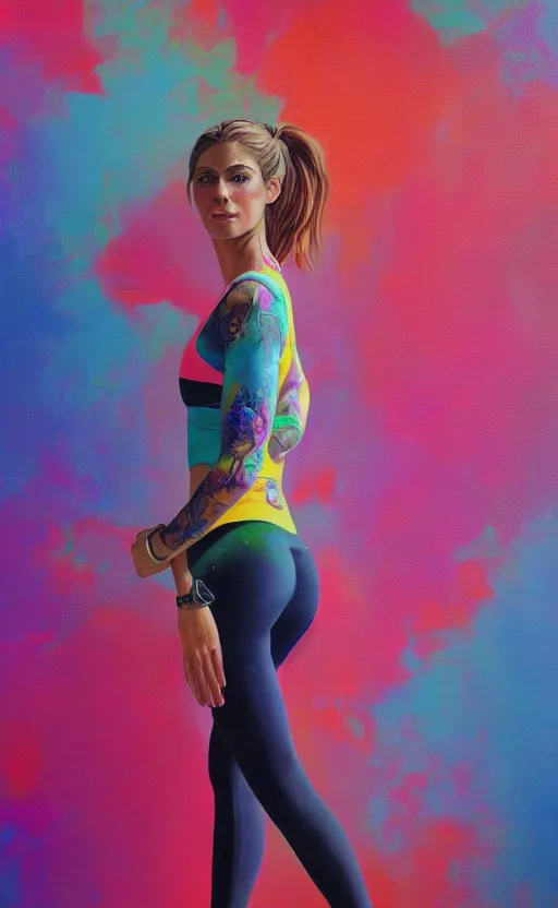 Prompt: beautiful detailed photorealistic painting of a woman with a wide stance in yoga pants. vibrant, high quality, vibrant colors, very funny, beautiful, hq. hd. 4 k. award winning. trending on artstation