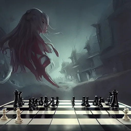 Prompt: ominous figure playing on a chessboard of the mind, symmetry, WLOP, Rossdraws, James Jean, Andrei Riabovitchev, Marc Simonetti, Yoshitaka Amano, digital art, artstation