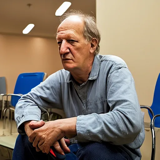 Image similar to werner herzog sits with a pair of bolt cutters in the waiting area of the dmv. wide angle, style of edward hopper, wes anderson, chris ware, award winning, photo realistic, dynamic lighting, very detailed face, 4 k