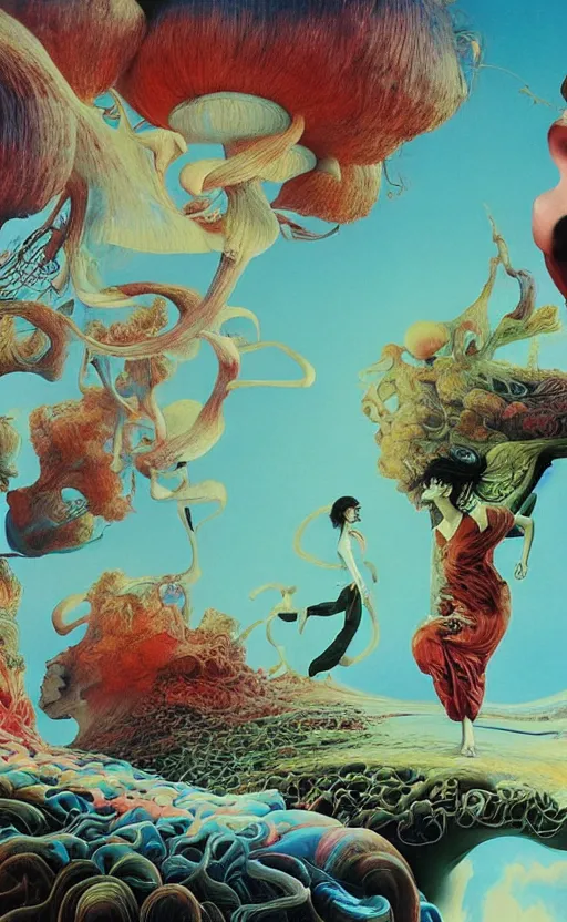 Prompt: ultrawide angle colour masterpiece surreal closeup portrait photography of the beatles playing on stage by miho hirano and annie leibovitz and michael cheval, weird surreal epic psychedelic complex biomorphic 3 d fractal landscape in background by kilian eng and roger dean and salvador dali and beksinski, 8 k