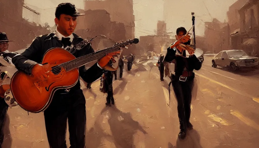 Image similar to mariachi, cinematic shot, concept art oil painting by jama jurabaev, extremely detailed, brush hard, artstation, high quality, brush stroke