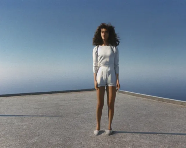 Image similar to a still of a young woman standing on a huge concrete white deck, high above the ground, of a minimalist brutalist beach house, wide angle, clear sky and background, in the music video Wrapped Around your Finger (1983)