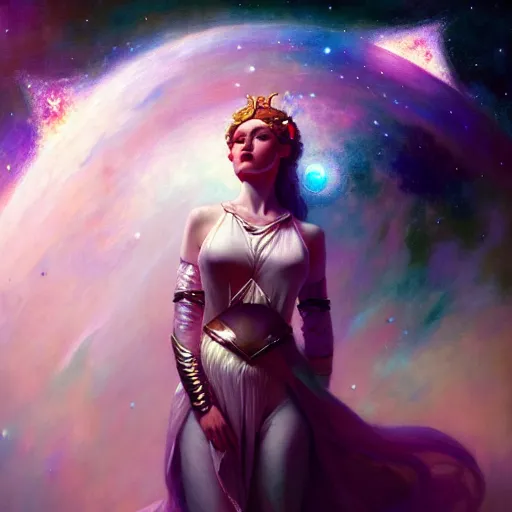 Prompt: celestial goddess, beautiful girl, galactic throne, in a galaxy, realistic, serov, surikov, vasnetsov, repin, kramskoi, charlie bowater, tom bagshaw, norman rockwell, octane rendered, unreal engine, illustration, trending on artstation, masterpiece, 8 k