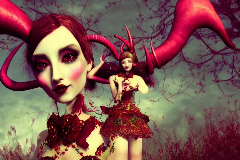 Image similar to pretty demon girl with horns photograph in the style of ray caesar, colorful, realistic, 8 k,