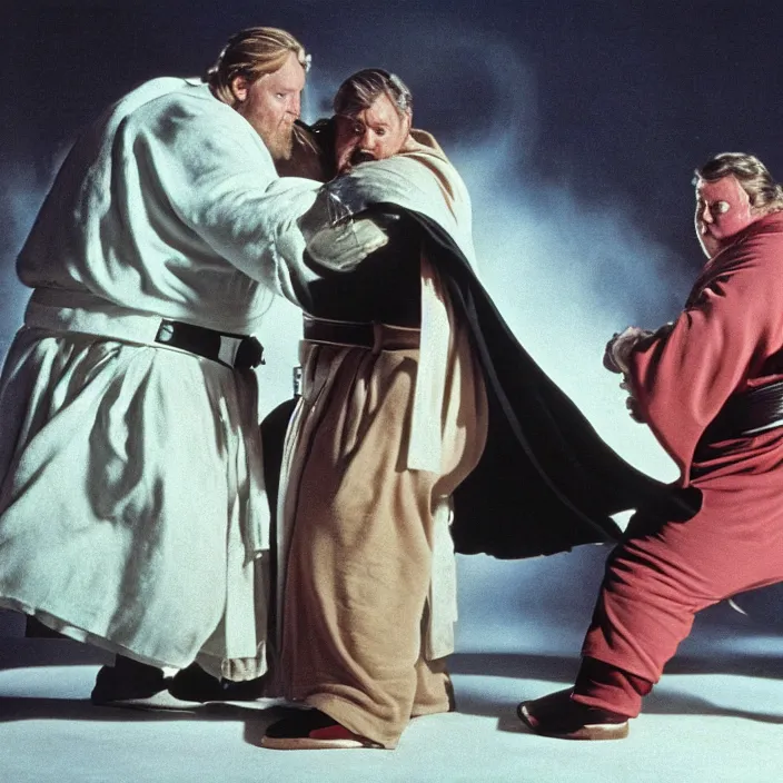 Prompt: obi wan kenobi but obese!! and overweight fighting a fat and obese darth vader, photoralistic rendering, movie still, screenshot, hyperdetailed