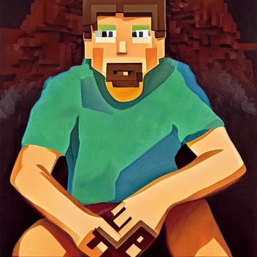 Image similar to minecraft steve smoking weed, 4 k, oil painting