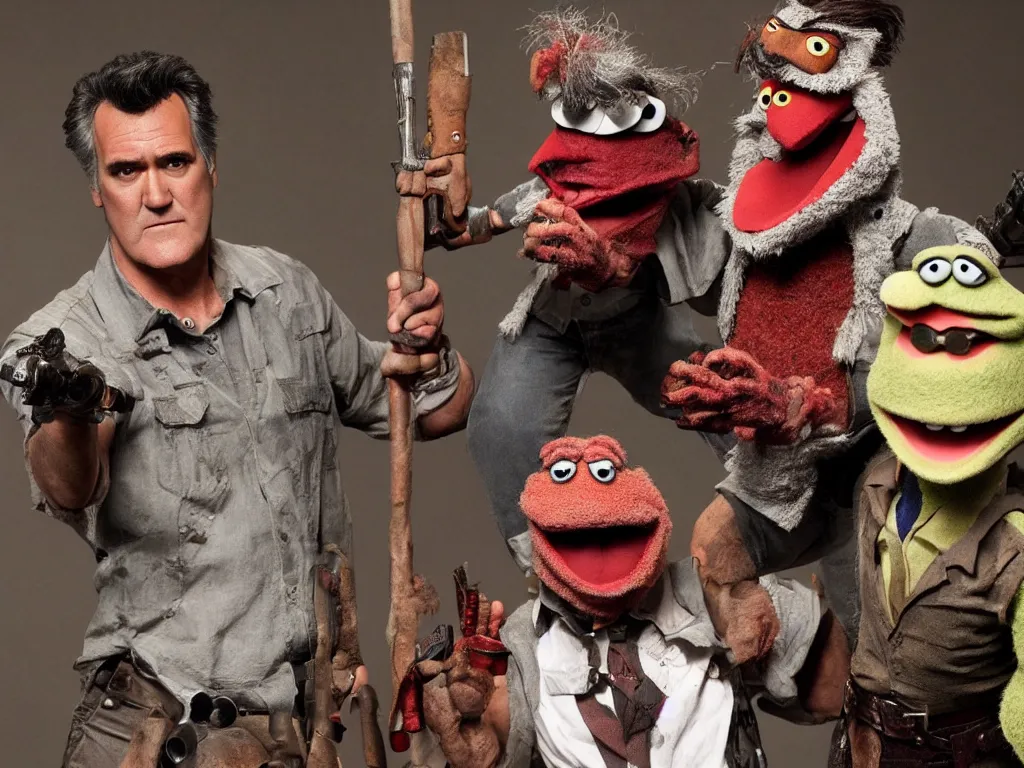 Prompt: Bruce Campbell as Ash in Evil Dead muppets