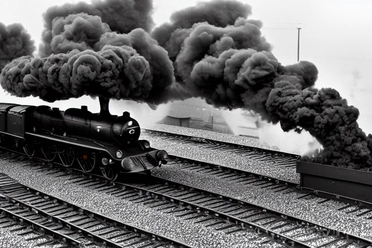 Image similar to black and white photograph of lner a 4 mallard thundering down the rails at high speed, black smoke coming from the locomotive, cinematic, volumetric light, f 6 aperture, cinematic eastman 5 3 8 4 film