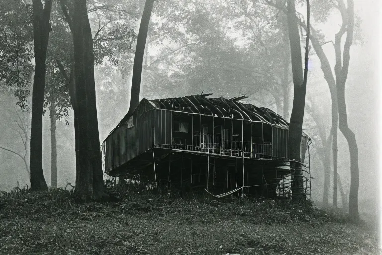 Prompt: a vintage photo of a steel-plated multi-story ramshackle hut in the forest, foggy