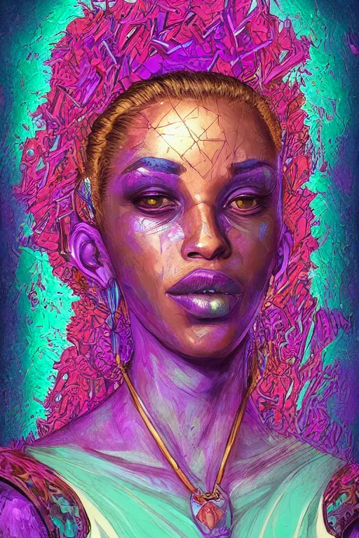 Prompt: portrait of jewel djinn accuser in the style of Rob Lefield and Dan Mumford , trending on artstation, digital art,surrealism ,macro,blueprint ,vaporwave ,