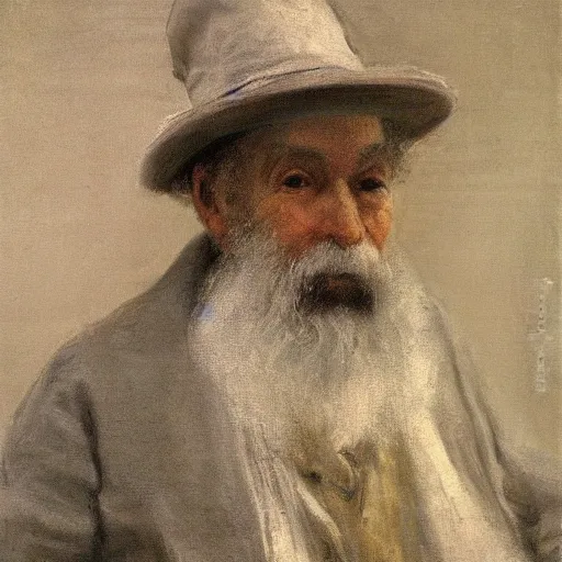 Image similar to detailing character concept portrait of old man by James McNeill Whistler, on simple background, oil painting, middle close up composition