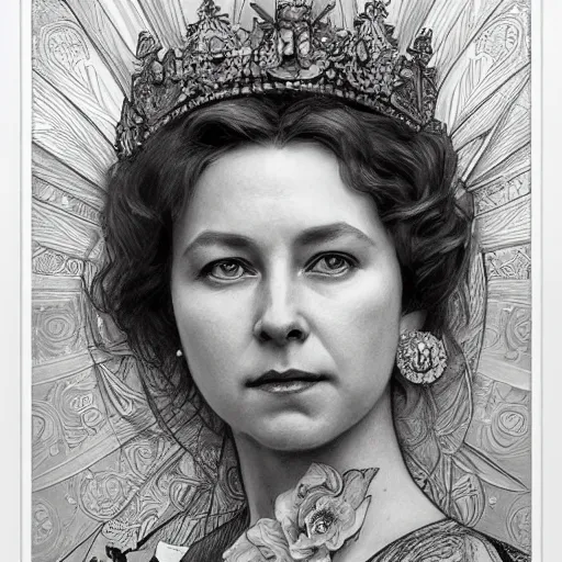 Image similar to amazing lifelike award winning pencil illustration of the queen mother trending on art station artgerm Greg rutkowski alphonse mucha cinematic