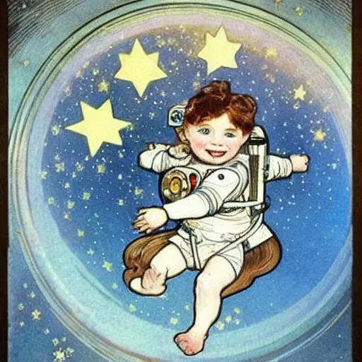 Prompt: a cute little girl with a round cherubic face, blue eyes, and short wavy light brown hair smiles as she floats in space with stars all around her. she is an astronaut, wearing a space suit. beautiful cartoon painting with highly detailed face by alphonse mucha and quentin blake