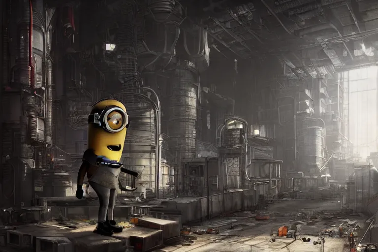 Image similar to Beautiful minion in cyberpunk industrial powerplant looking at homeless Sasha grey featured on artstation, cinematic chiaroscuro, photorealistic, unreal engine