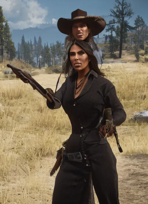 Prompt: film still of kim kardashian as Sadie Adler in rdr2.