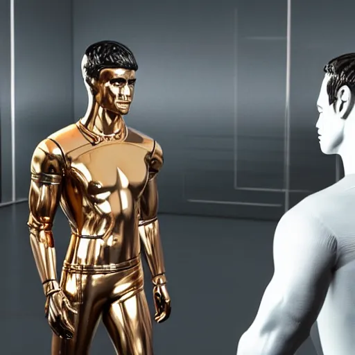 Image similar to a realistic detailed photo of a guy who is an attractive humanoid who is half robot and half humanoid, who is a male android, attractive and handsome soccer players, shiny skin, posing like a statue, blank stare, in a factory, on display, showing off his muscles, gold soccer shorts, side view, looking at each other mindlessly