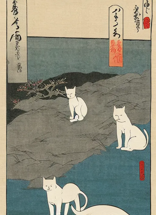 Image similar to whitecat with 2 baby white cats of utagawa hiroshige, digital painting 4 k uhd image, highly detailed