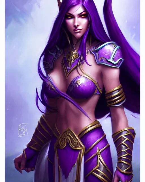 Prompt: character concepta beautiful and strong purple female warrior night elf | | cute - fine - face, world of warcraft, pretty face, realistic shaded perfect face, fine details by stanley artgerm lau, wlop, rossdraws, james jean, andrei riabovitchev, marc simonetti, and sakimichan, trending on artstation