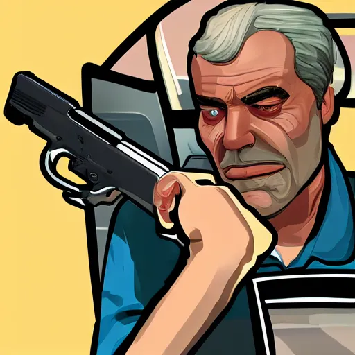 Image similar to old man in car holding gun, gta v art