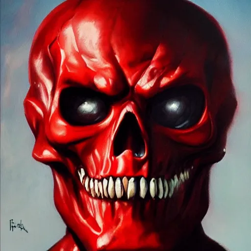 Image similar to ultra realistic head and shoulders portrait painting of red skull, art by frank frazetta, 4 k, ultra realistic, highly detailed, epic lighting