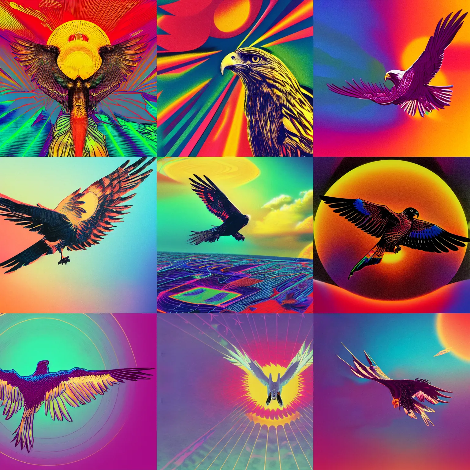 Prompt: hawk outstretched to grasp the sun, vaporwave, psychedelic, lithograph, vibrant hues, redshift render, 4k render, high detail, polished, anti-aliased, groovy