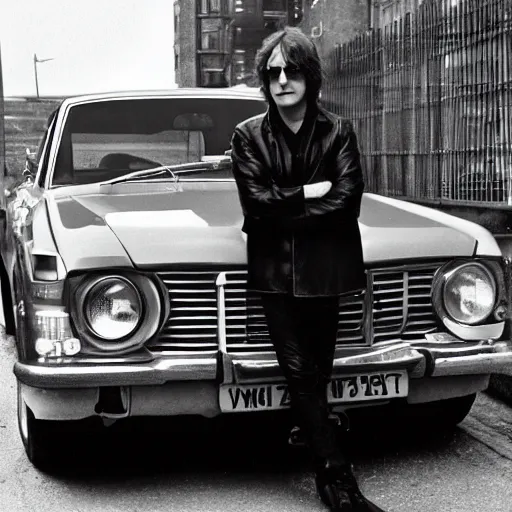 Prompt: john lennon beside a ford cortina. film still. 4 k hd image, trending on artstation, featured on behance, extra crisp, features intricate detail, epic composition and the style of quintin tarantino.