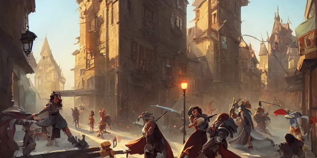 Image similar to a busy fantasy street battle within a fascinating old city, by Sylvain Sarrailh, by Sebastian Luca, by Nicodemus Yang-Mattisson, cinematic, simple but effective composition, clean lines, beautiful digital painting, oil painting, great character design, dungeons and dragons, lord of the rings, exciting, close up character