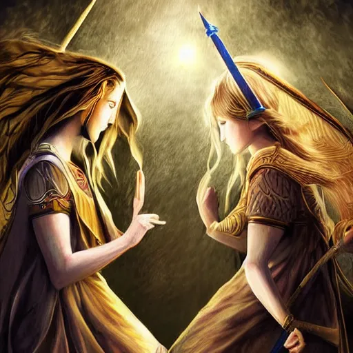 Image similar to two identical beautiful priestesses having a battle, detailed digital art, smooth, beautiful lighting