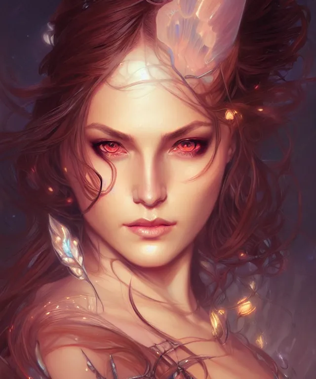 Image similar to fantasy magic woman portrait, sci-fi, amber eyes, face, long hair, fantasy, intricate, elegant, highly detailed, digital painting, artstation, concept art, smooth, sharp focus, illustration, art by artgerm and greg rutkowski and alphonse mucha