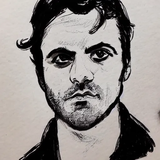 Image similar to ink and brush drawing of a portrait that is a cross between oscar isaac and ben mendelsohn