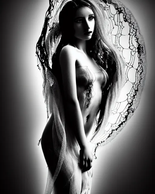 Image similar to surreal mythical dreamy dark artistic black and white fine art photo of a beautiful young female angel - mermaid - cyborg covered with translucent algae lace web, rim light, cinematic, studio dramatic light, poetic, octane render, 8 k, photo - realistic, by floria sigismondi