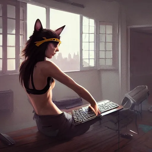 Image similar to woman wearing tank top and cat ears plays on computer, digital art, photorealistoc, art by greg rutkowski, hyperdetailed, western comic style, comic, comic style, sharp lineart, professional lighting, deviantart, artstation, trevor henderson, rossdtaws, cinematic, dramatic