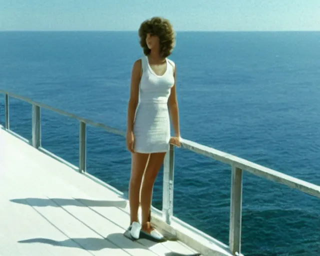 Image similar to a still of a young woman standing on a huge concrete white deck, high above the ground, of a minimalist beach house, outside view, low angle, clear sky and background, in the music video Wrapped Around your Finger (1983)