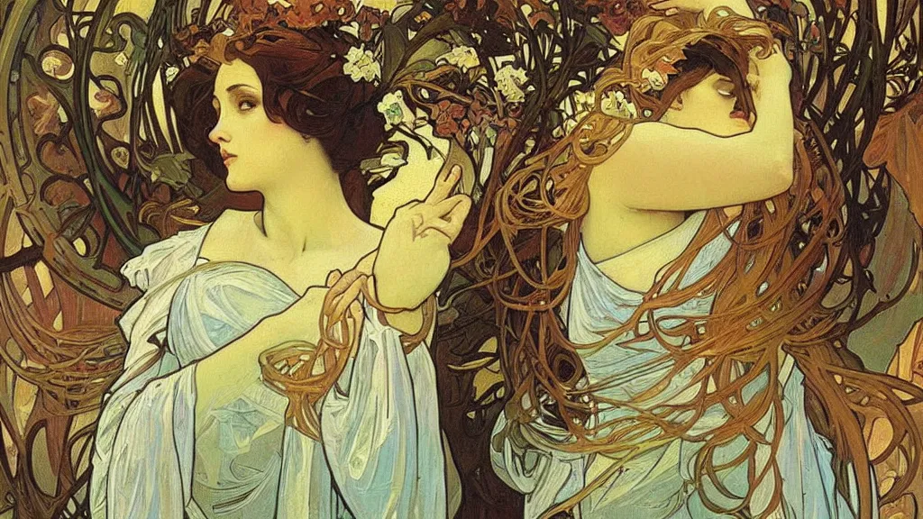 Image similar to the most beautiful scene, an expressive oil painting by alphonse mucha