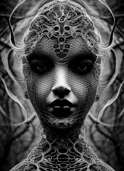 Image similar to surreal mythical dreamy dark artistic black and white fine art photo of a beautiful young female medusa - cyborg covered with lace fish scales and translucent algae, highly detailed, intricate crystal ivy jelly fish scales ornate, lace web, poetic, octane render, 8 k, photo - realistic, by man ray