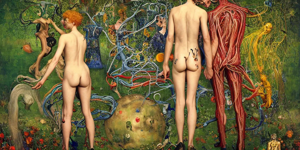 Image similar to two lovers wearing a suit made of nervous system, channeling third eye energy, surrounded by a background of cyber mystic garden of earthly delights, painted part by wojciech siudmak, part by ilya repin, part by norman rockwell, part by zhang jingna, artstation