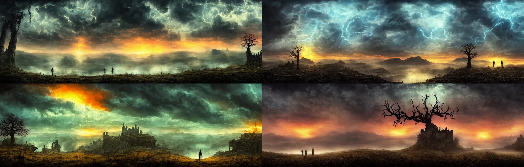 Prompt: very textured post apocalyptic moody panoramic cinemascope background , sunset, cyan fog , fantasy shining tree of light and death in the middle , vine bridge silhouette over lake , castle ruins, dramatic sky , clouds in the shape of a skull, oil painting art with strong backlight by frazetta