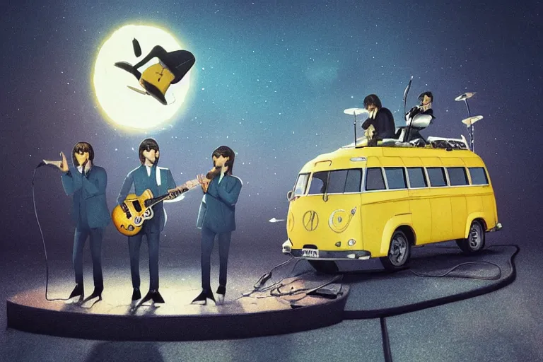 Image similar to the beatles performs with guitar on a yellow flying minivan, sci fi, art by mike winkelmann, trending on cgsociety, retrofuturism, darksynth, sci - fi